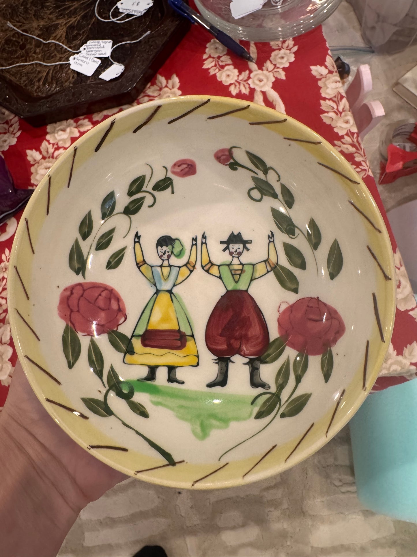 Vintage Quimper Style Hand Painted Serving Bowl & 4 Small Bowls