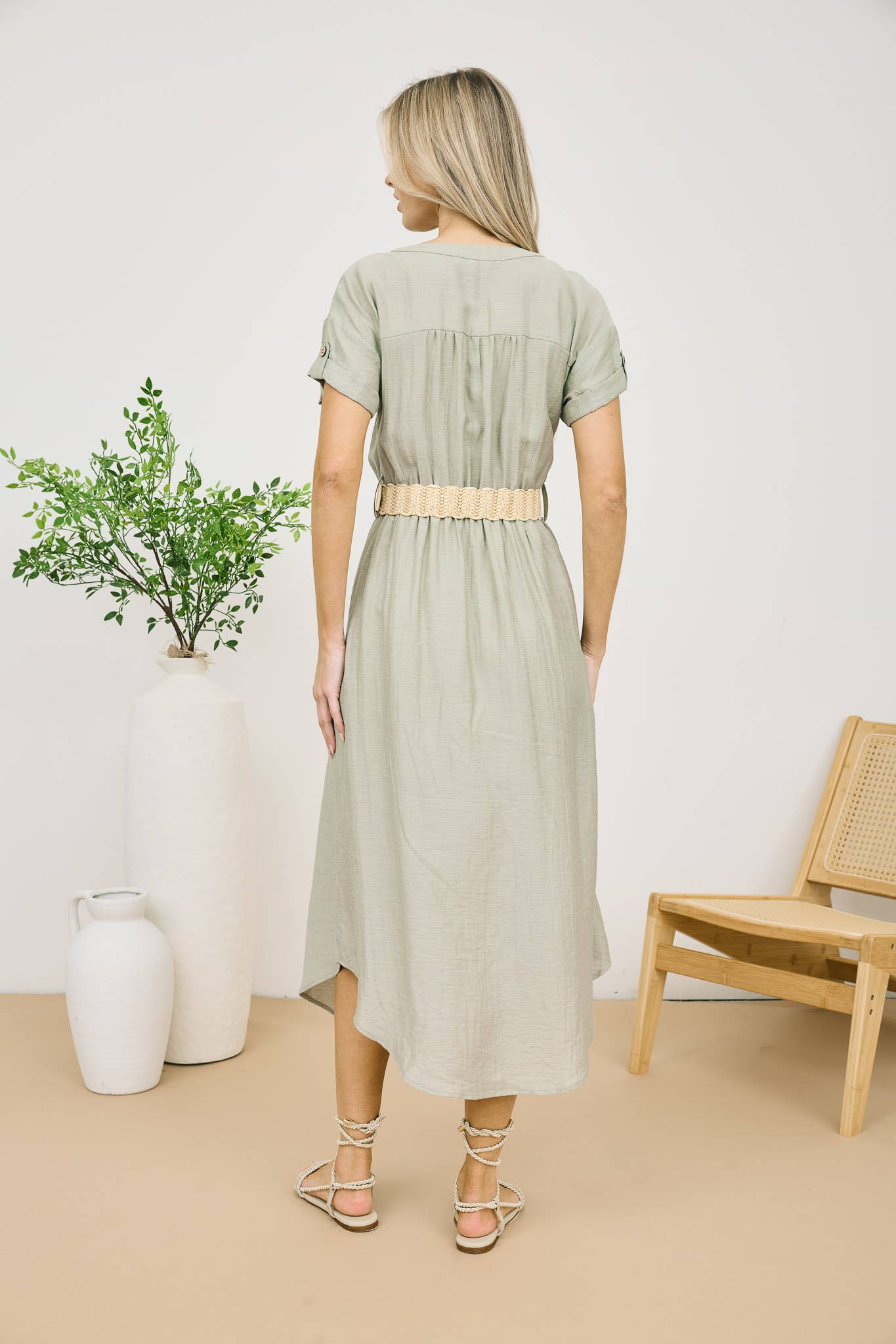 Short Sleeve Belted Midi Shirt Dress