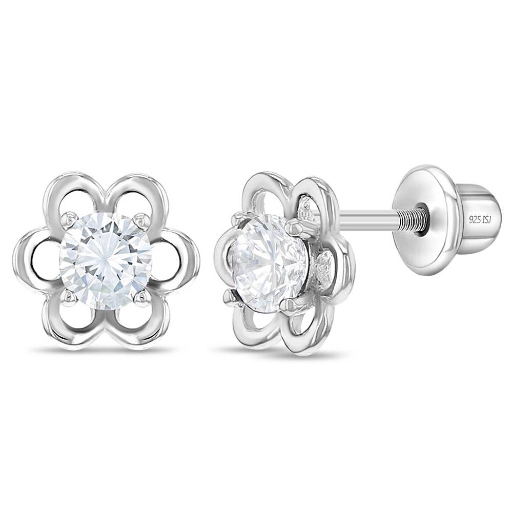 Solitaire Flower Clear Kids Earrings - Sterling Silver