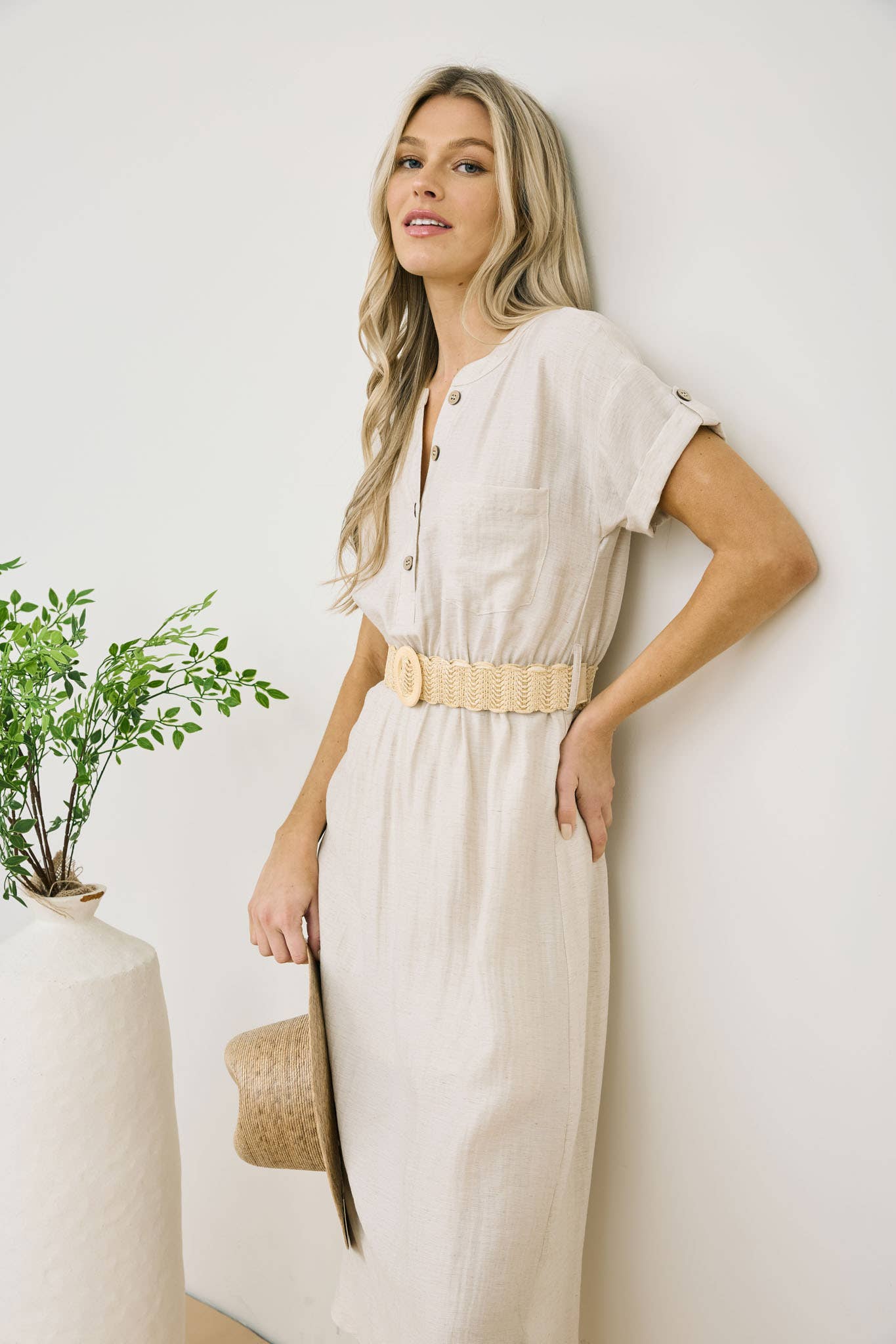 Short Sleeve Belted Midi Shirt Dress