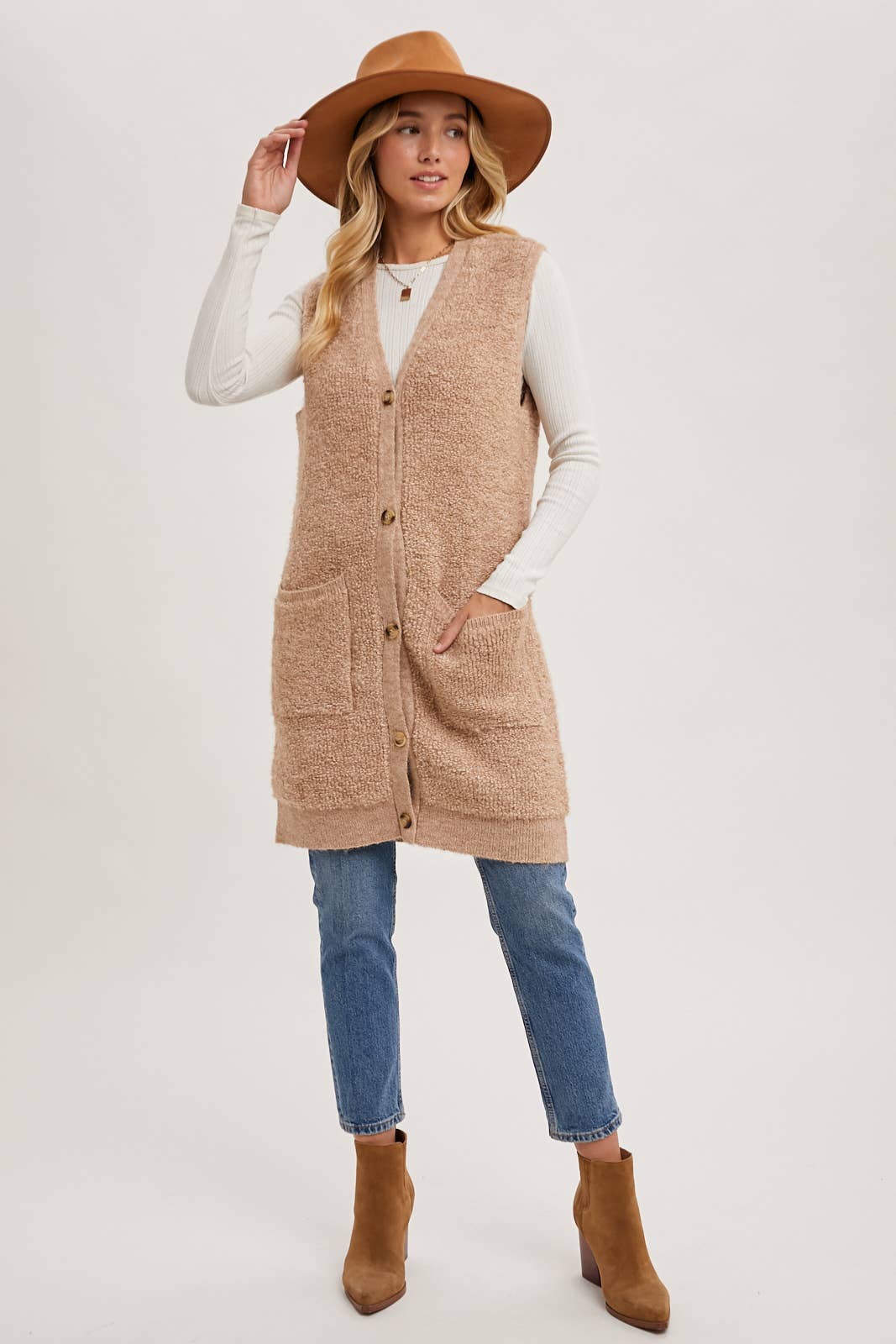 BUTTON DOWN V-NECK TEDDY KNIT LONG LINED VEST