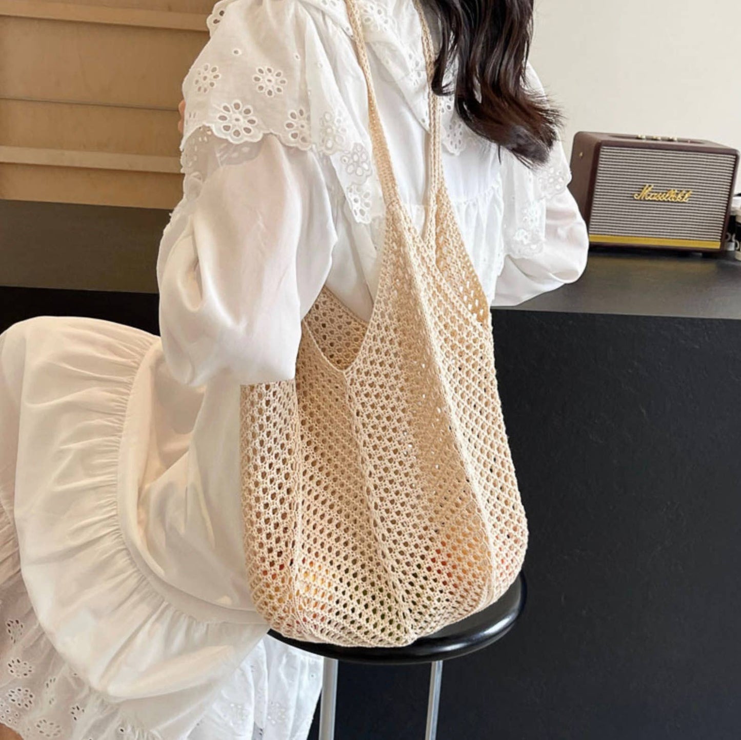 Hand Knit Neutral Colored Shoulder Bags - TIYA