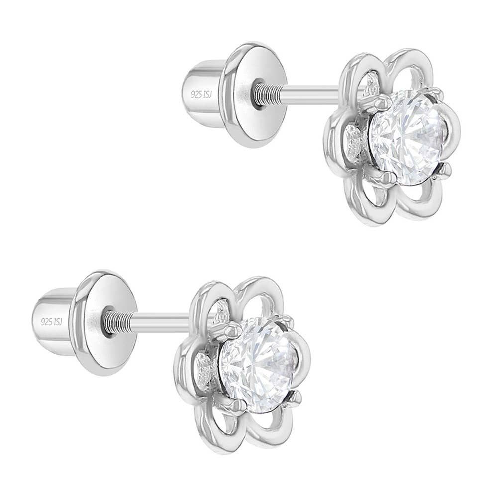 Solitaire Flower Clear Kids Earrings - Sterling Silver