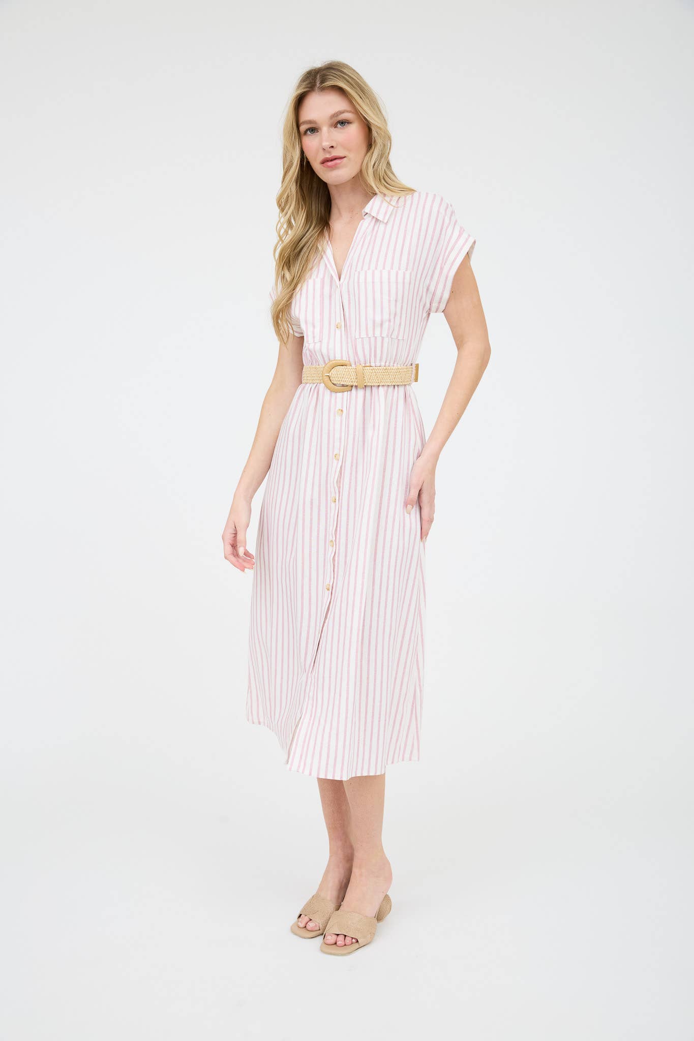 Stripe Button Down Belted Midi Shirt Dress