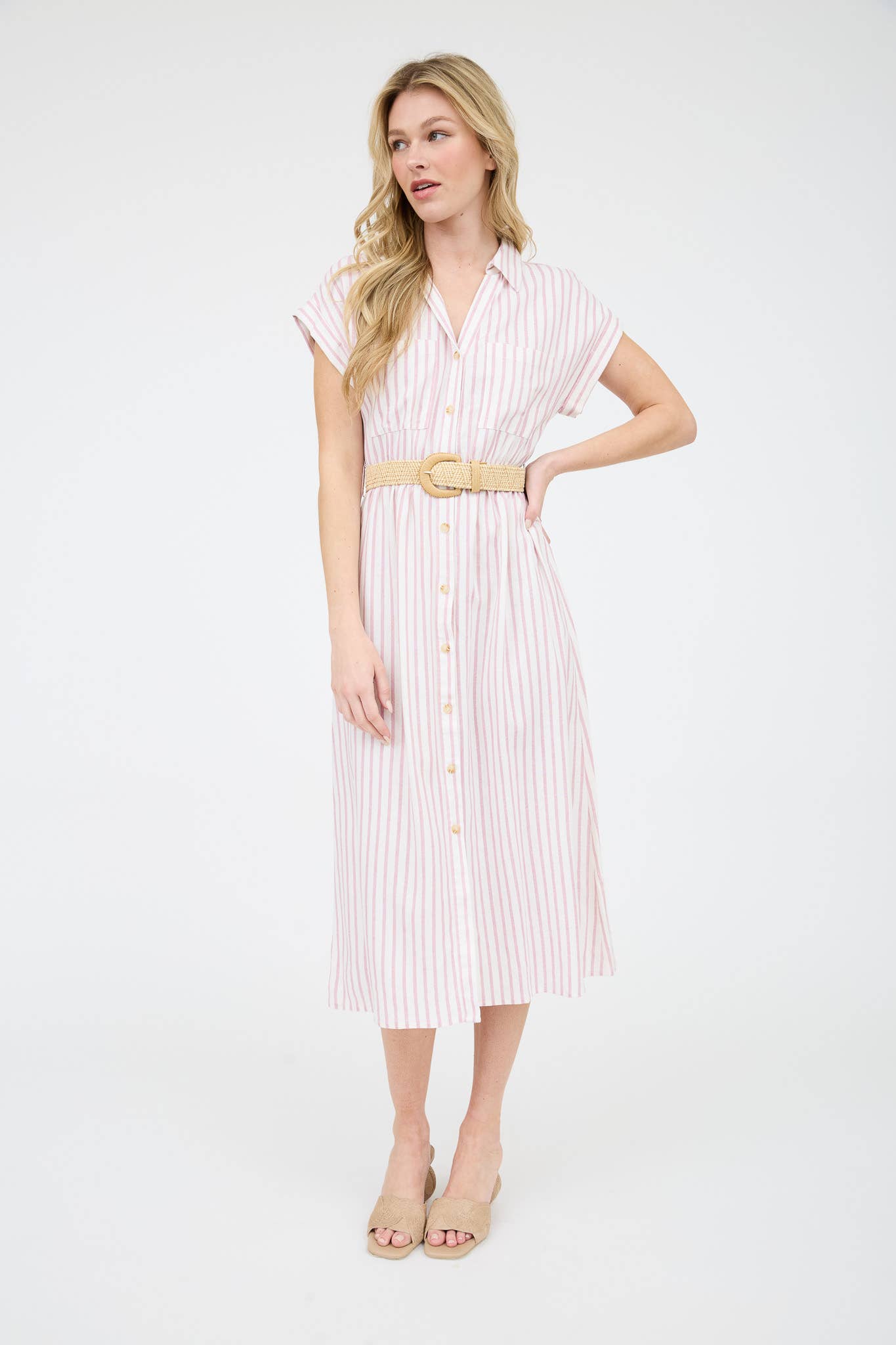 Stripe Button Down Belted Midi Shirt Dress