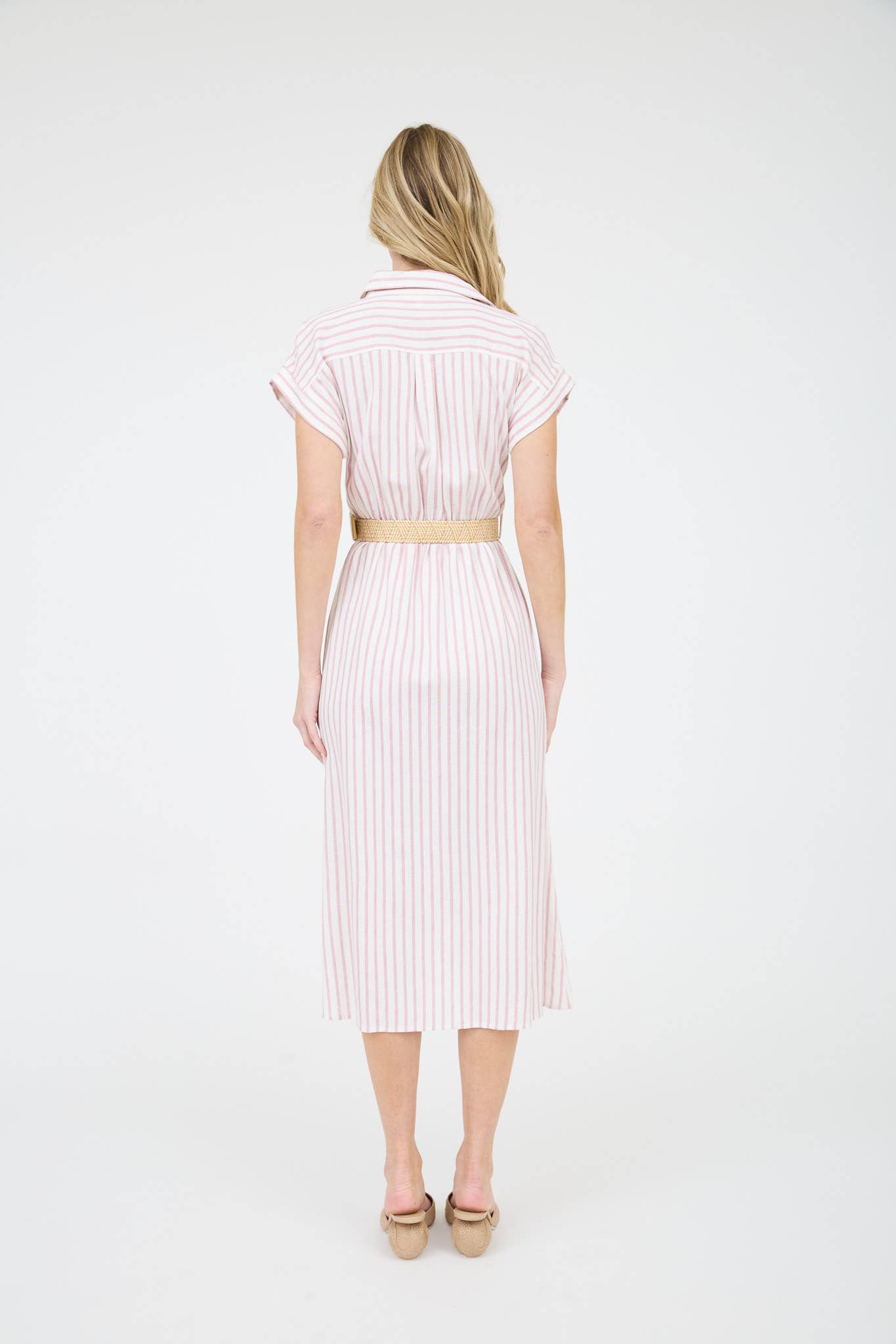 Stripe Button Down Belted Midi Shirt Dress