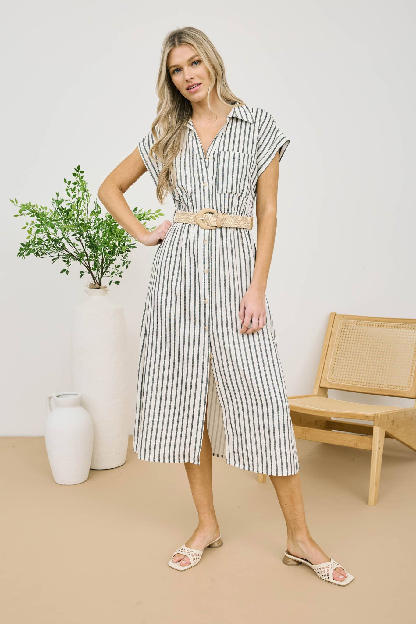 Stripe Button Down Belted Midi Shirt Dress