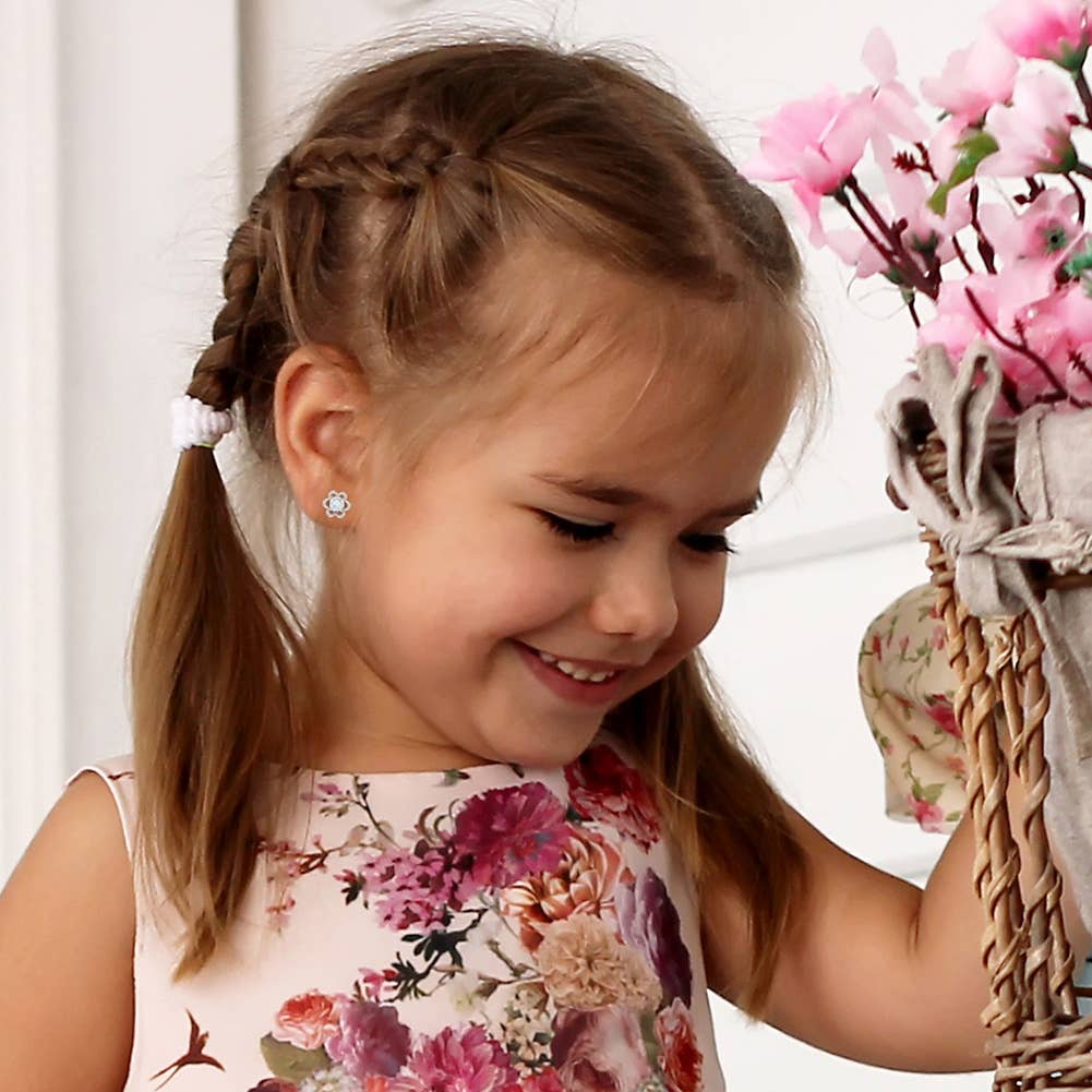 Solitaire Flower Clear Kids Earrings - Sterling Silver