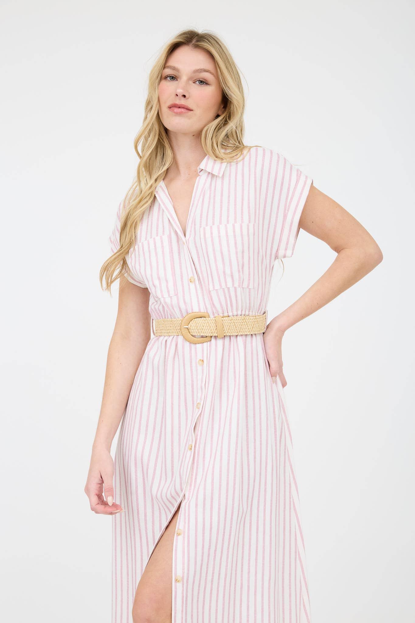 Stripe Button Down Belted Midi Shirt Dress