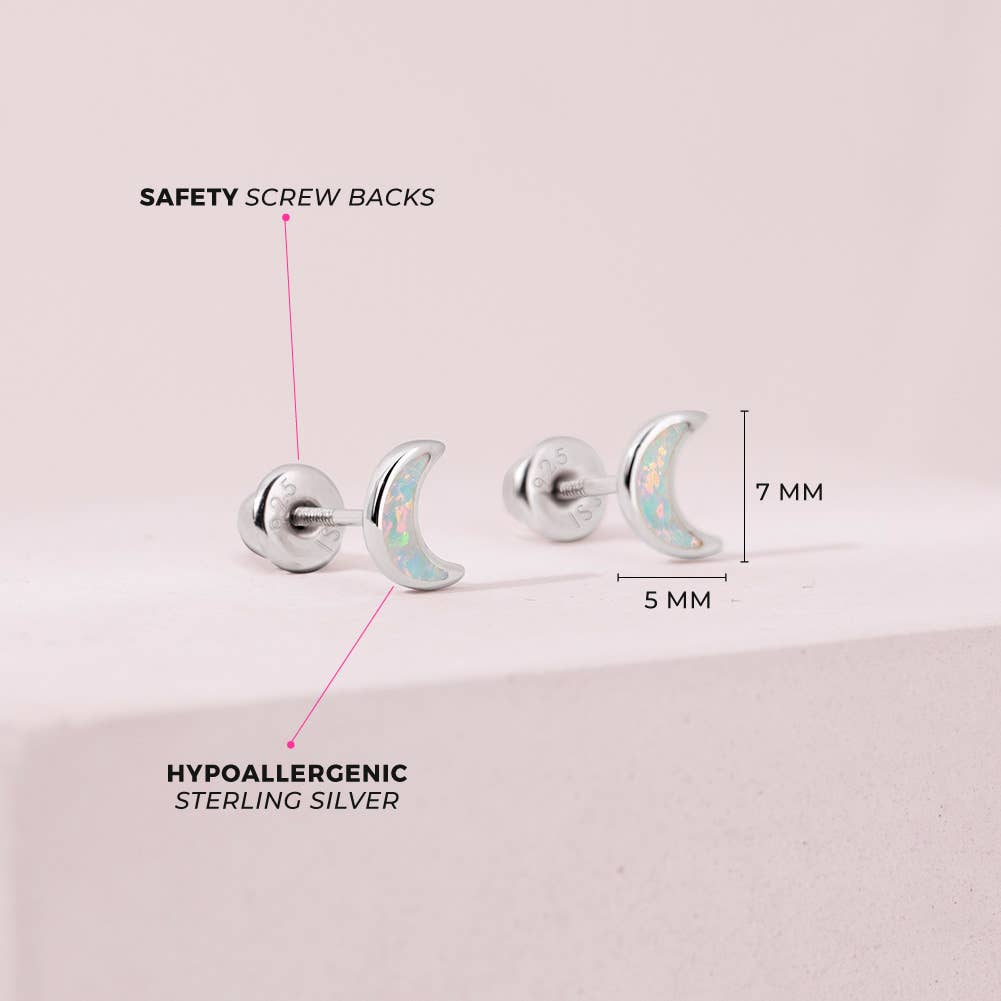 Opal Crescent Moon Girls Earrings - Sterling Silver