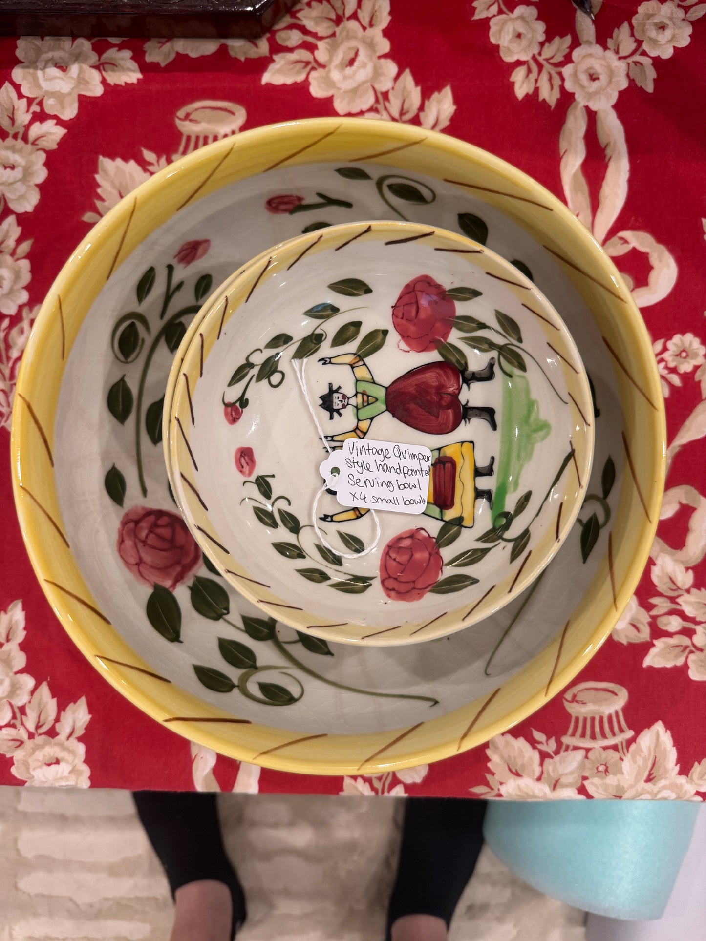 Vintage Quimper Style Hand Painted Serving Bowl & 4 Small Bowls
