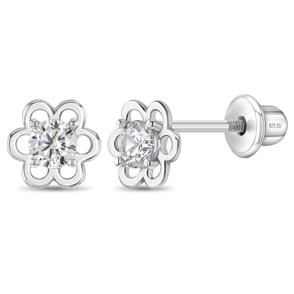 Solitaire Flower Clear Kids Earrings - Sterling Silver