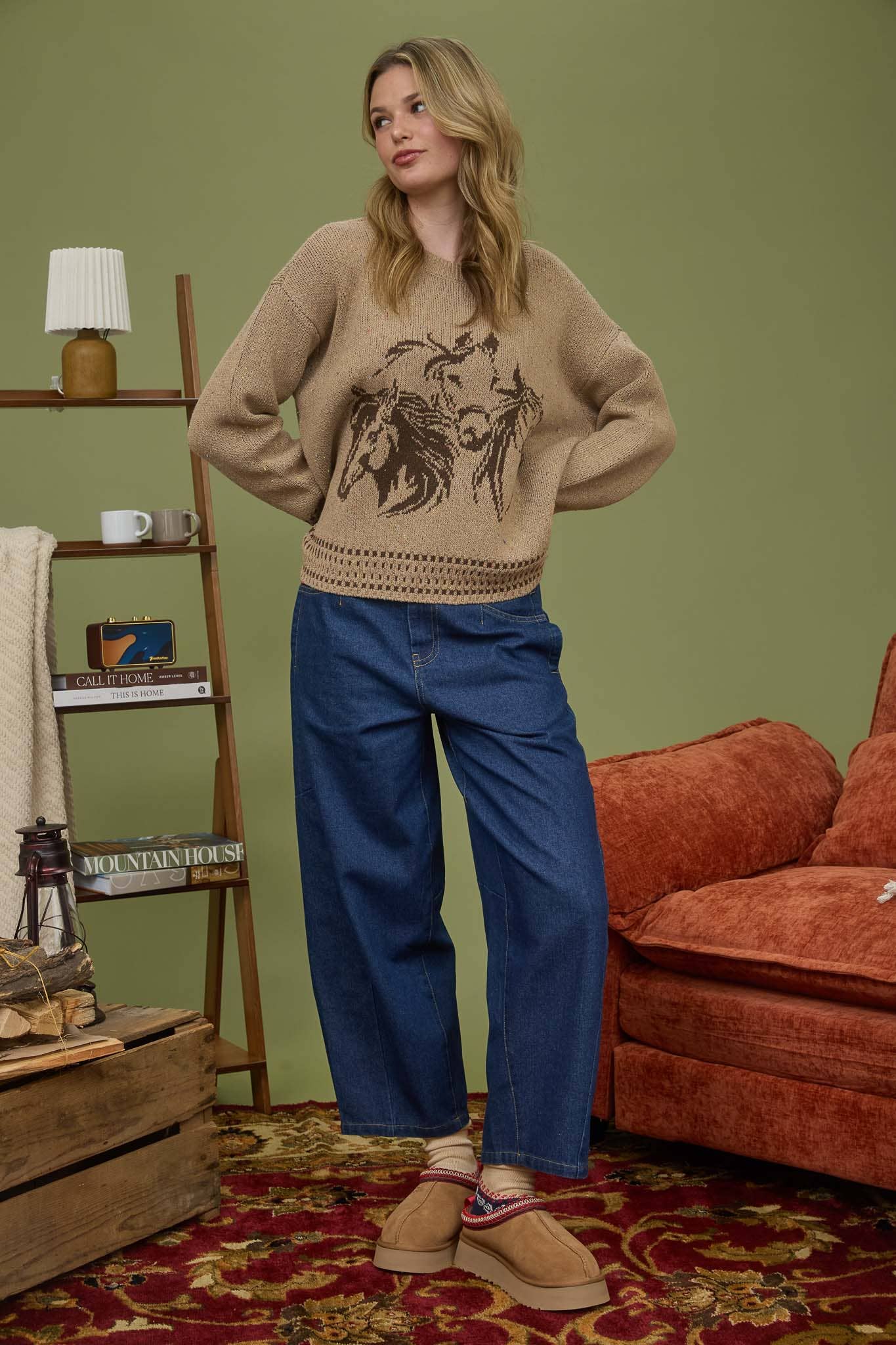 HORSE JACQUARD LONG SLEEVE KNIT SWEATER