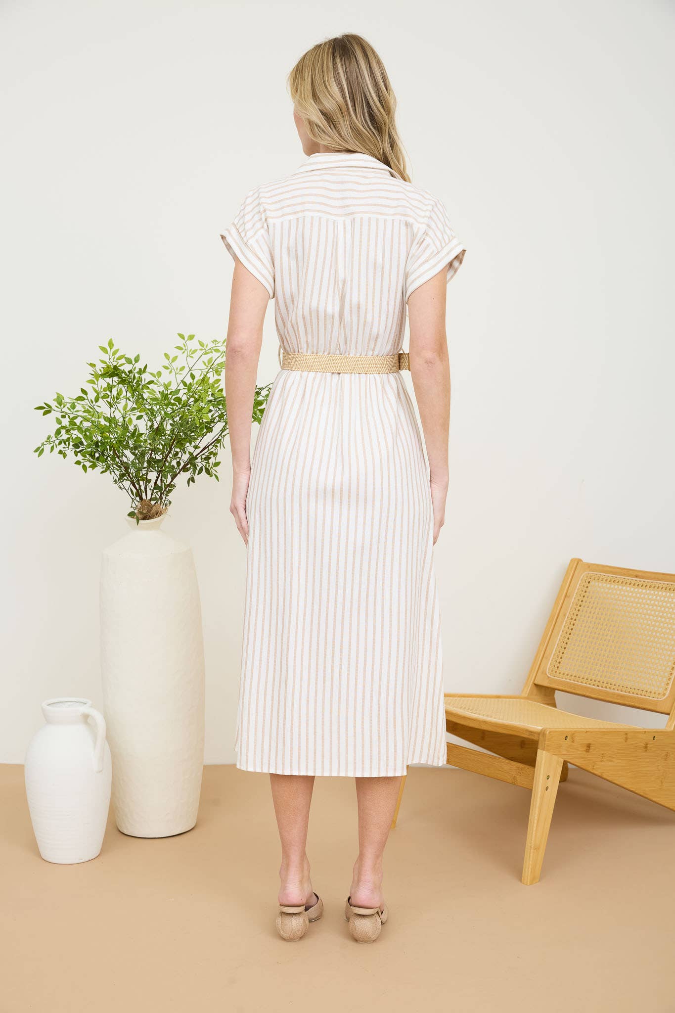 Stripe Button Down Belted Midi Shirt Dress