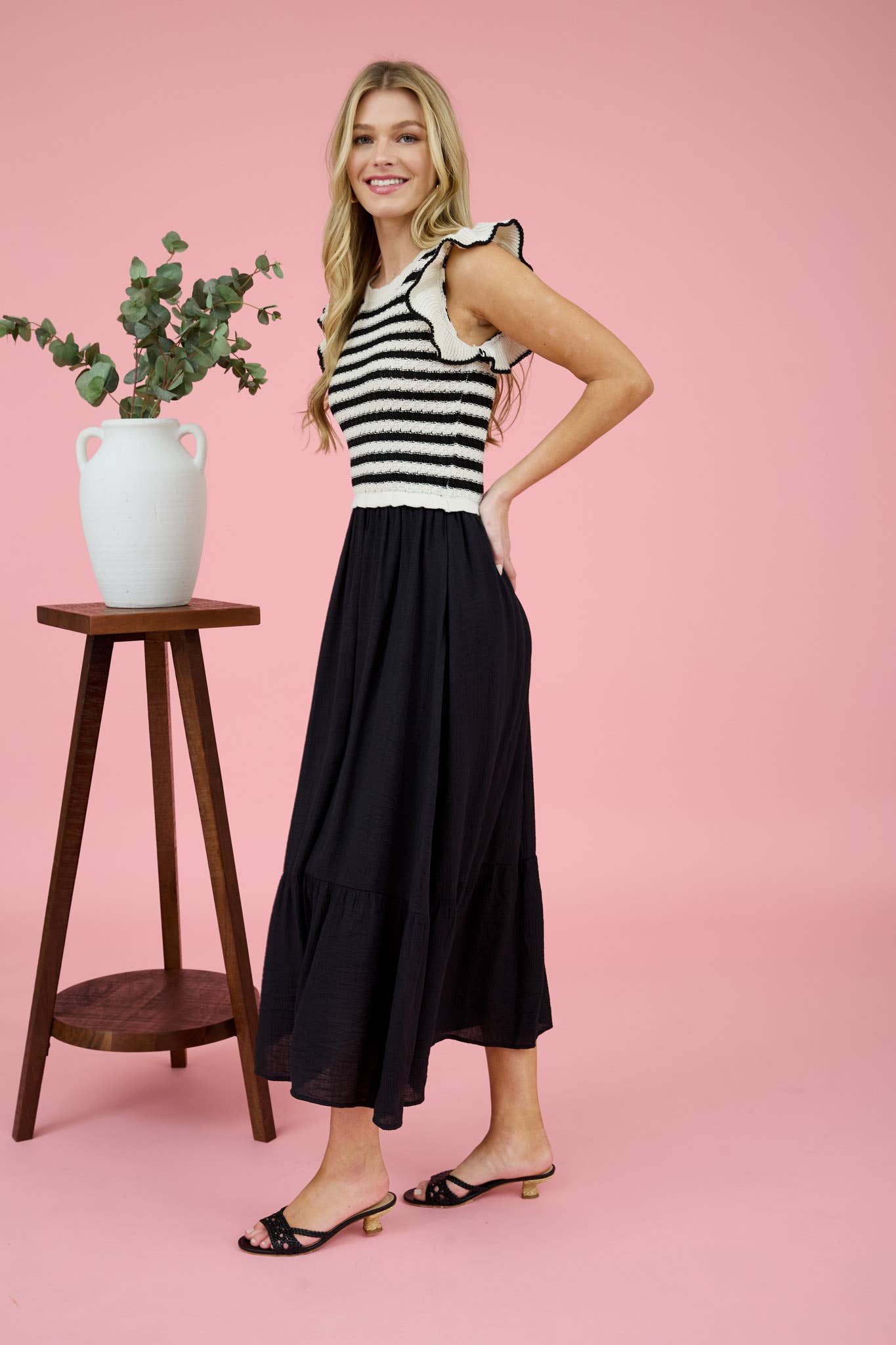 Lya Dress - Stripe Sweater Top Mixed Media Midi Dress