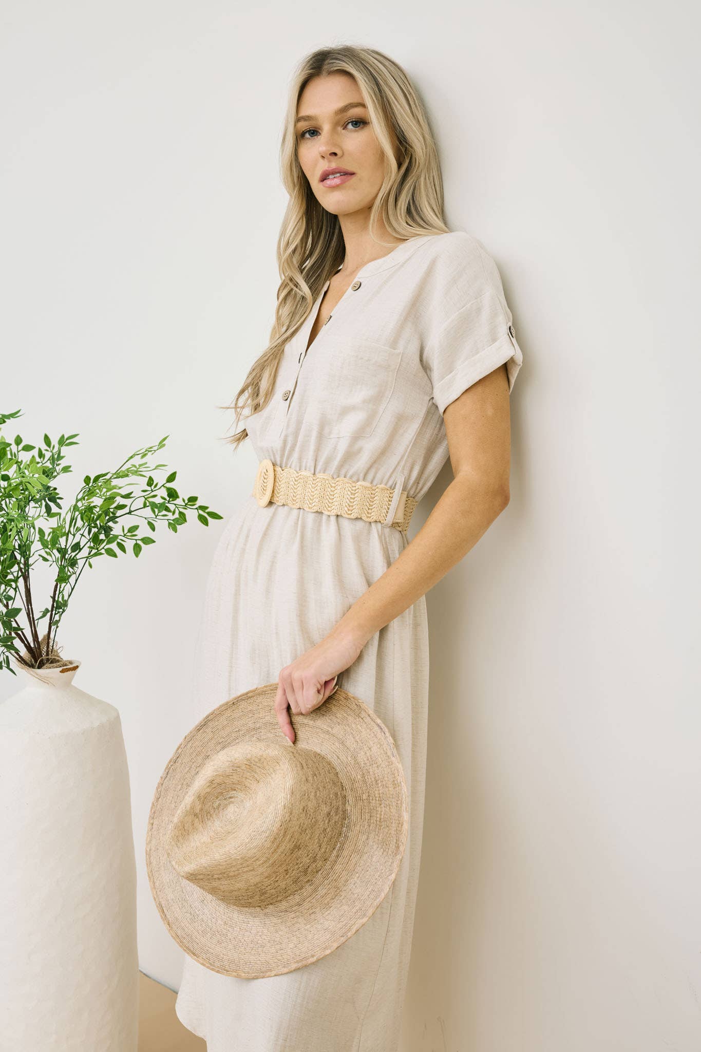 Short Sleeve Belted Midi Shirt Dress