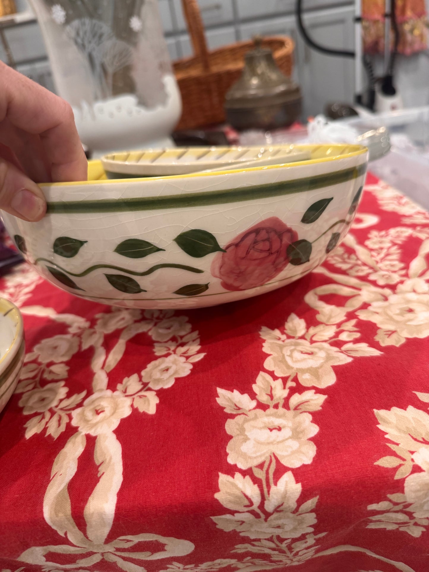 Vintage Quimper Style Hand Painted Serving Bowl & 4 Small Bowls