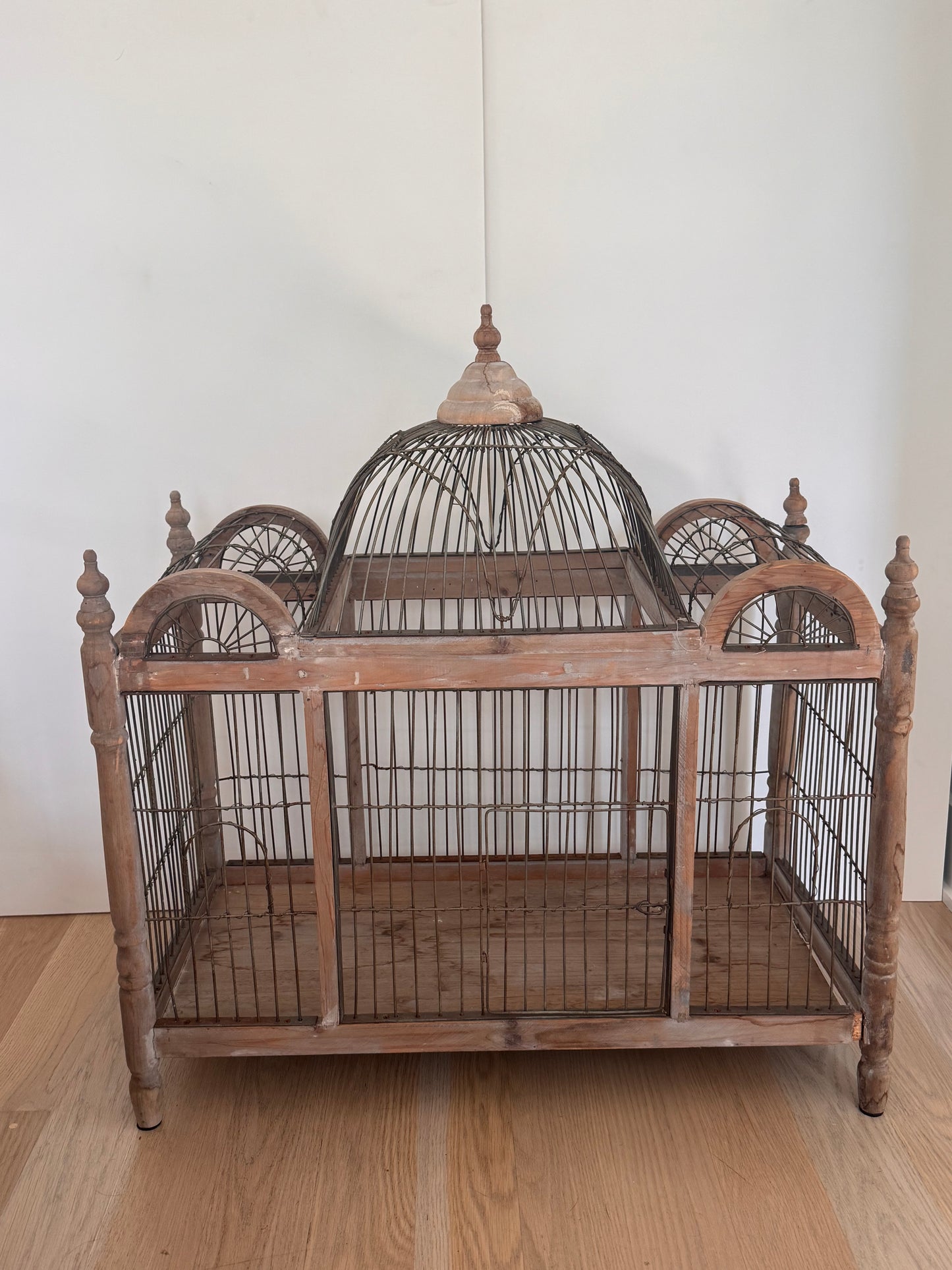 Large Antique Wood & Metal Bird Cage