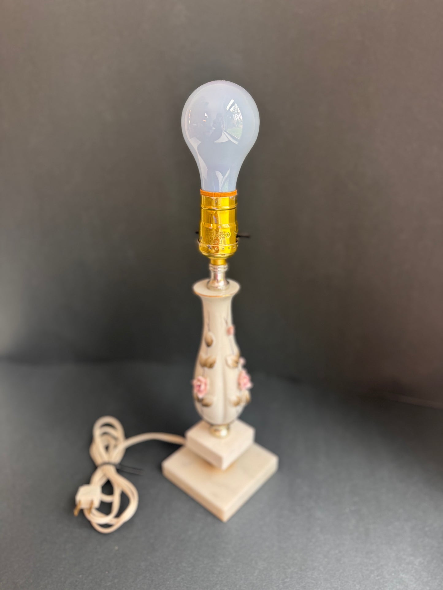 Vintage Bedside Lamp White Porcelain Pink Roses.
