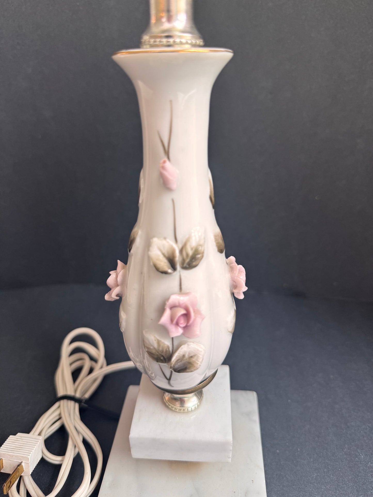Vintage Bedside Lamp White Porcelain Pink Roses.
