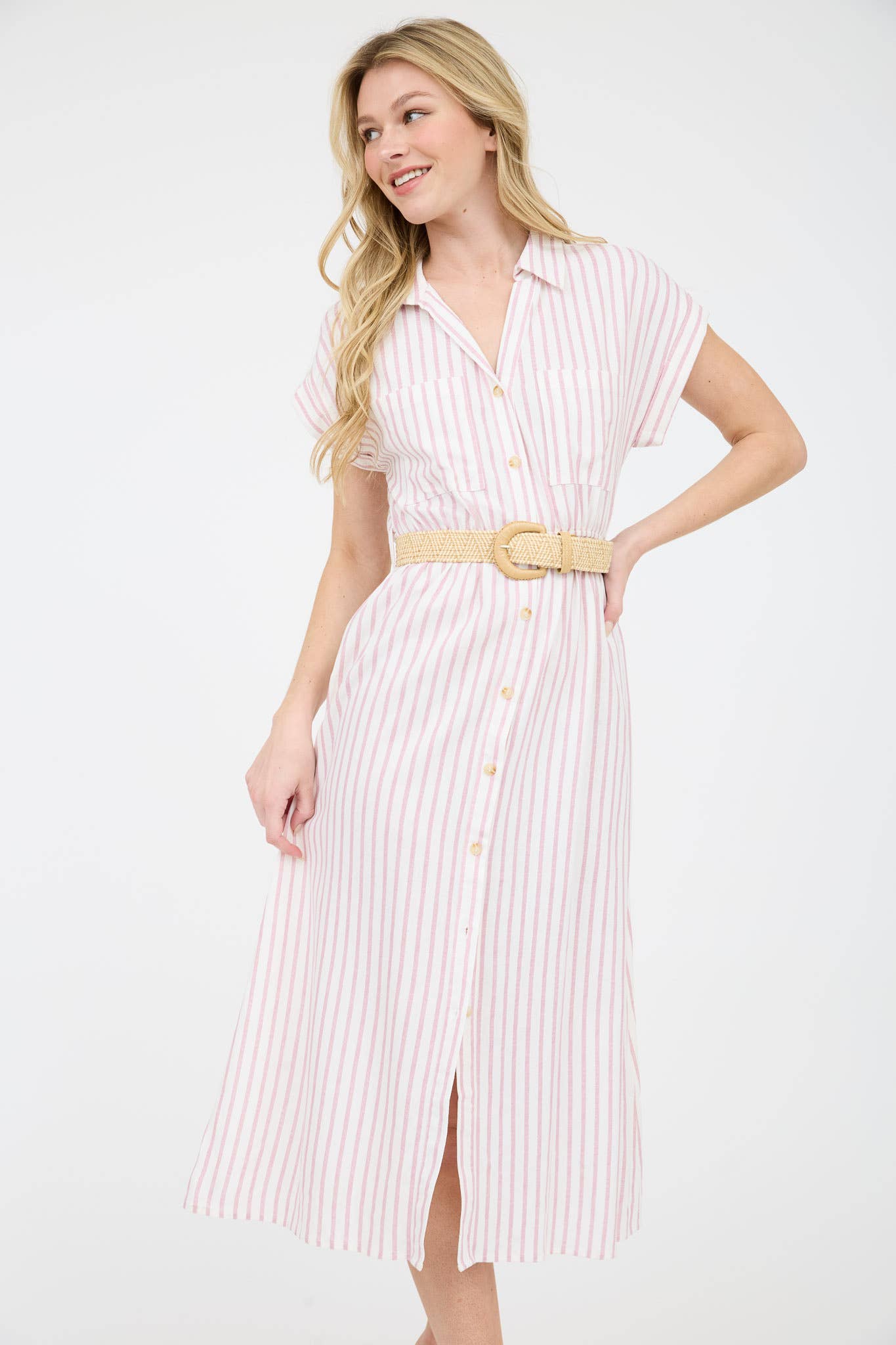 Stripe Button Down Belted Midi Shirt Dress