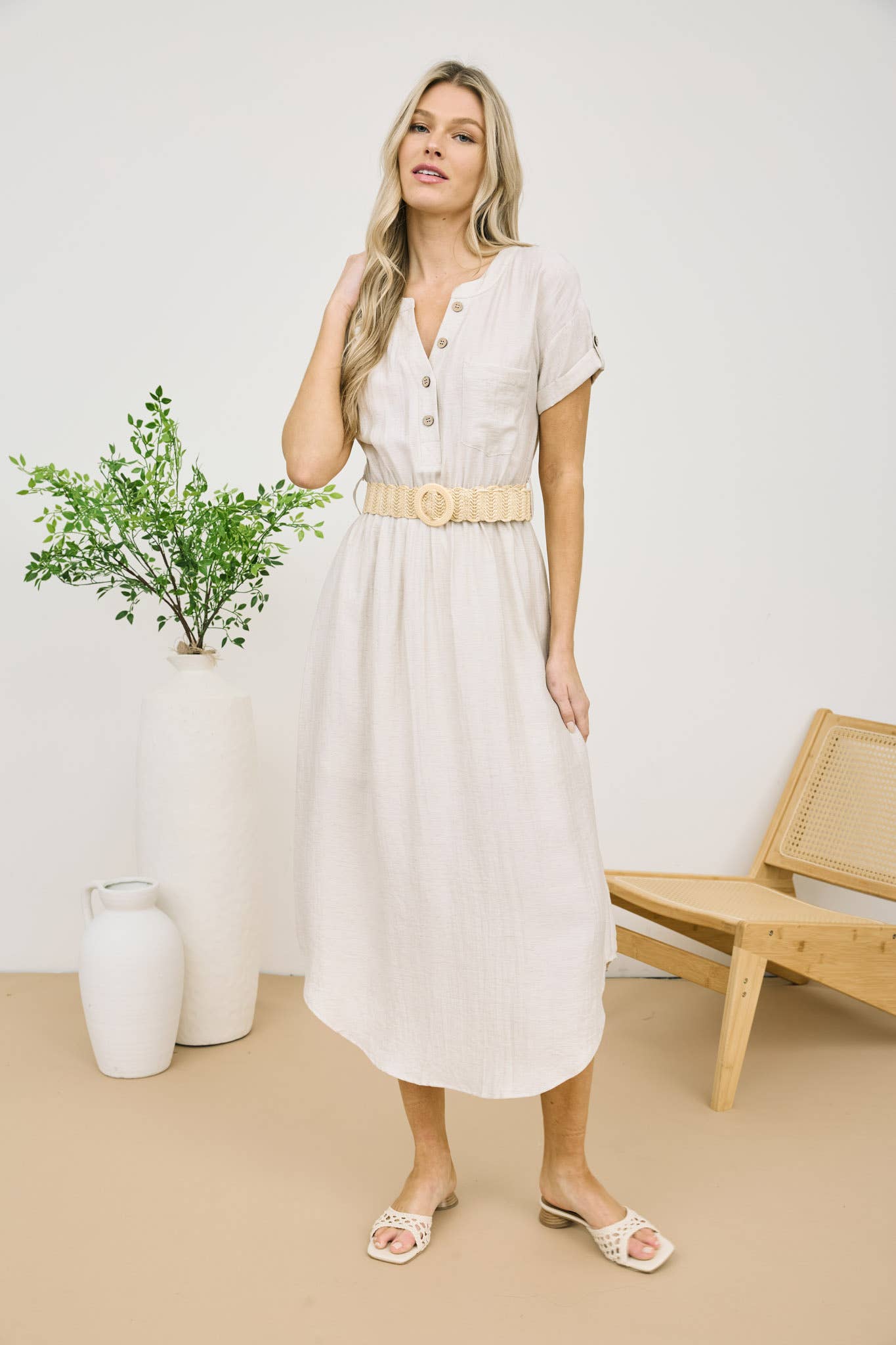 Short Sleeve Belted Midi Shirt Dress