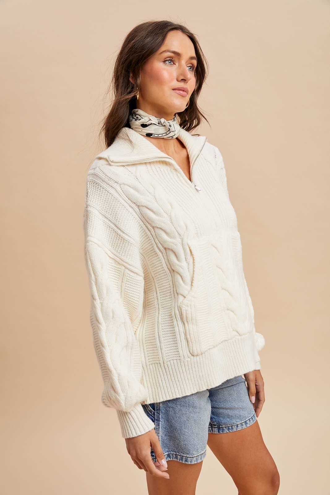 CHUNKY CABLE KNIT HALF ZIP SWEATER