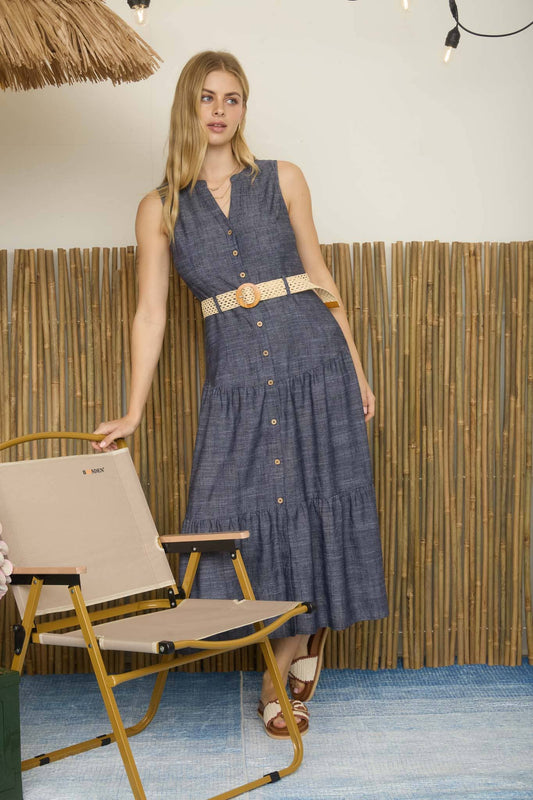 BUTTON DOWN SLEEVELESS BELTED TIERED MIDI DRESS
