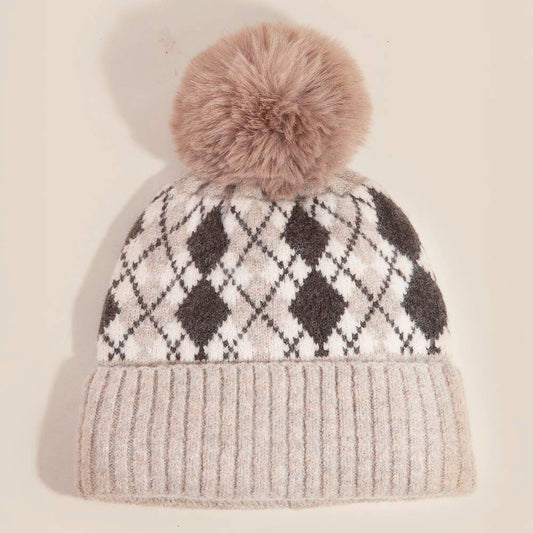 Argyle Knit Pom Beanie