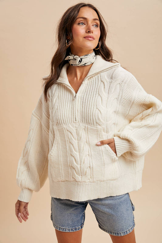 CHUNKY CABLE KNIT HALF ZIP SWEATER