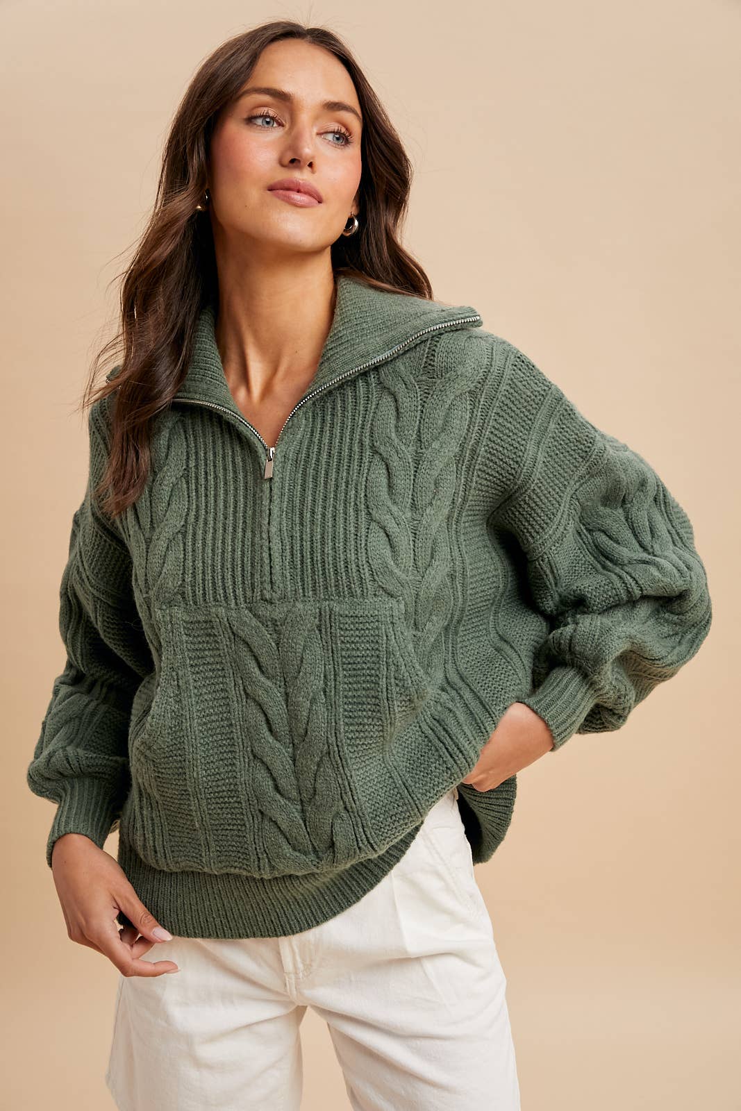 CHUNKY CABLE KNIT HALF ZIP SWEATER