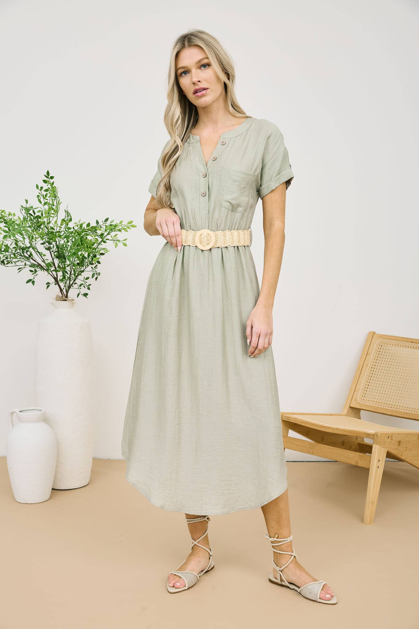 Short Sleeve Belted Midi Shirt Dress