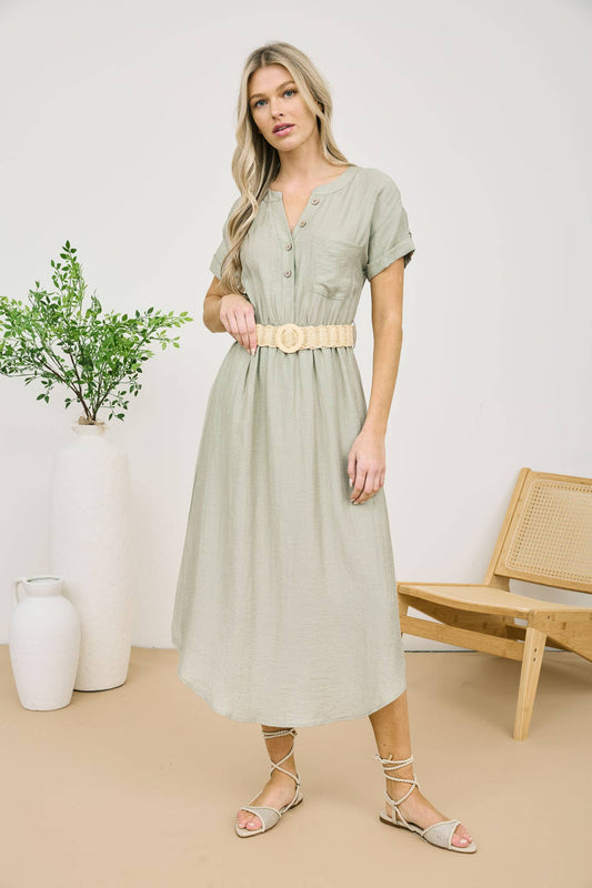 Short Sleeve Belted Midi Shirt Dress