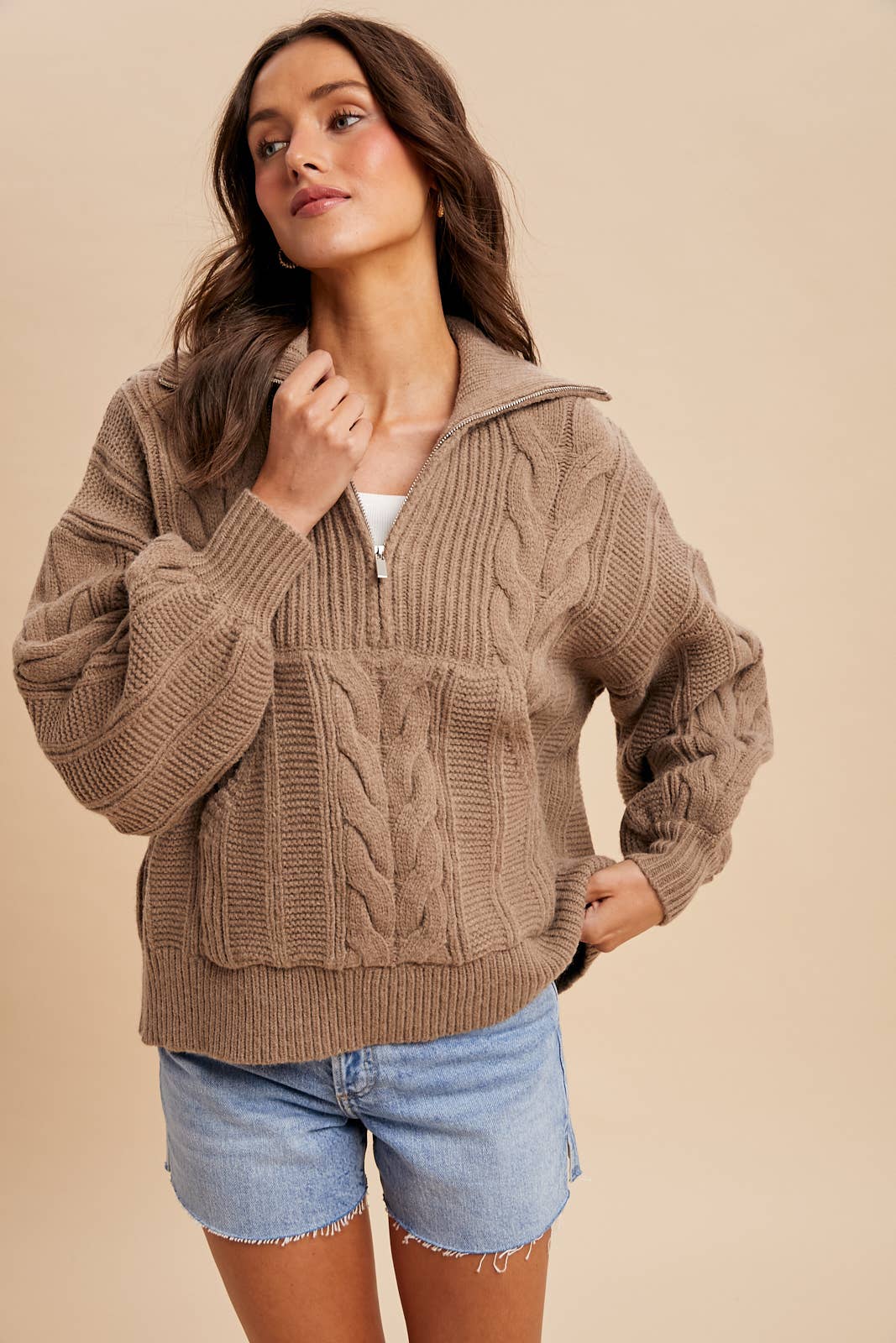 CHUNKY CABLE KNIT HALF ZIP SWEATER