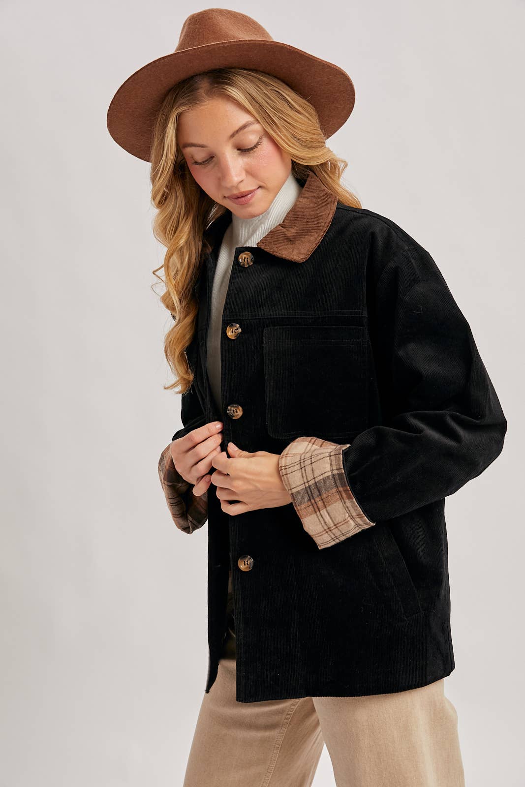 CORDUROY BUTTON DOWN BARN COAT INNER PLAID