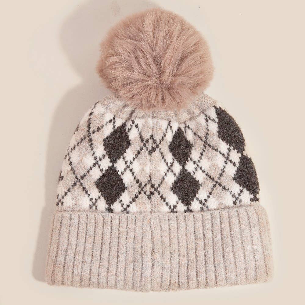 Argyle Knit Pom Beanie