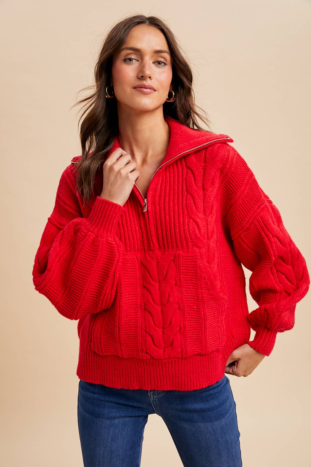 CHUNKY CABLE KNIT HALF ZIP SWEATER