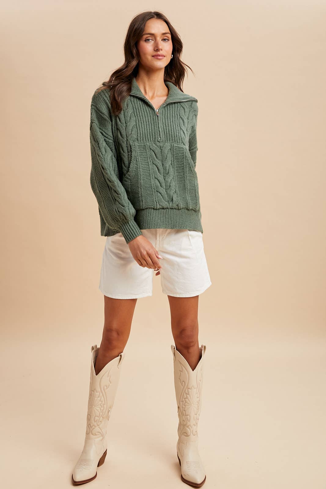 CHUNKY CABLE KNIT HALF ZIP SWEATER