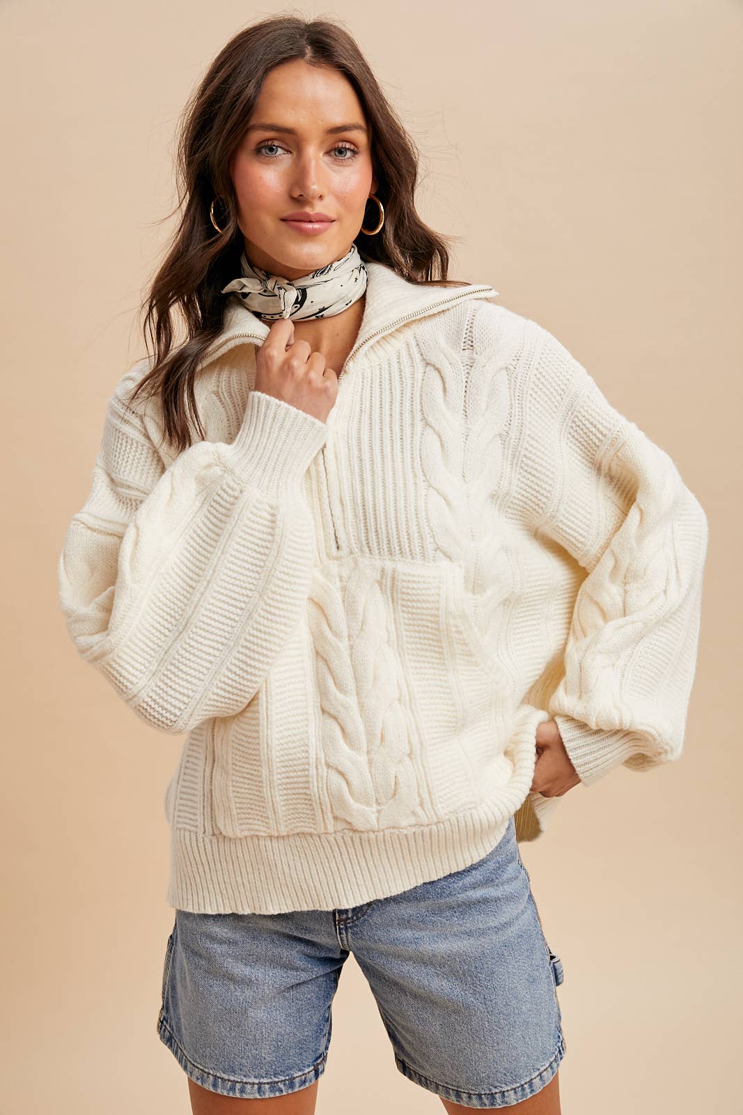 CHUNKY CABLE KNIT HALF ZIP SWEATER