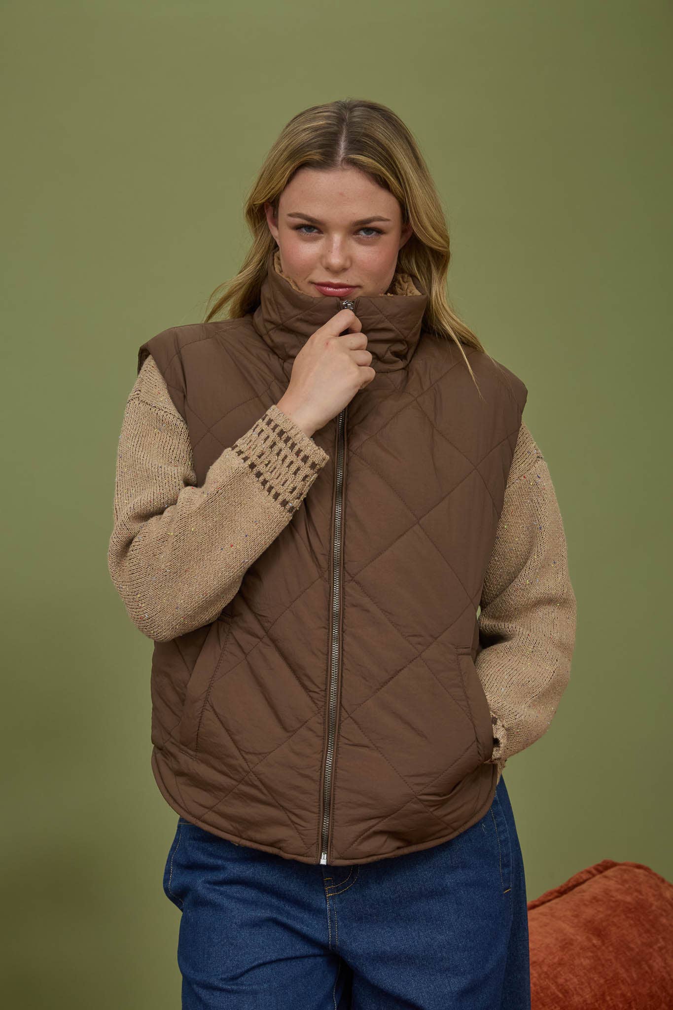 QUILTED ZIP UP FLEECE LINED PUFFER VEST