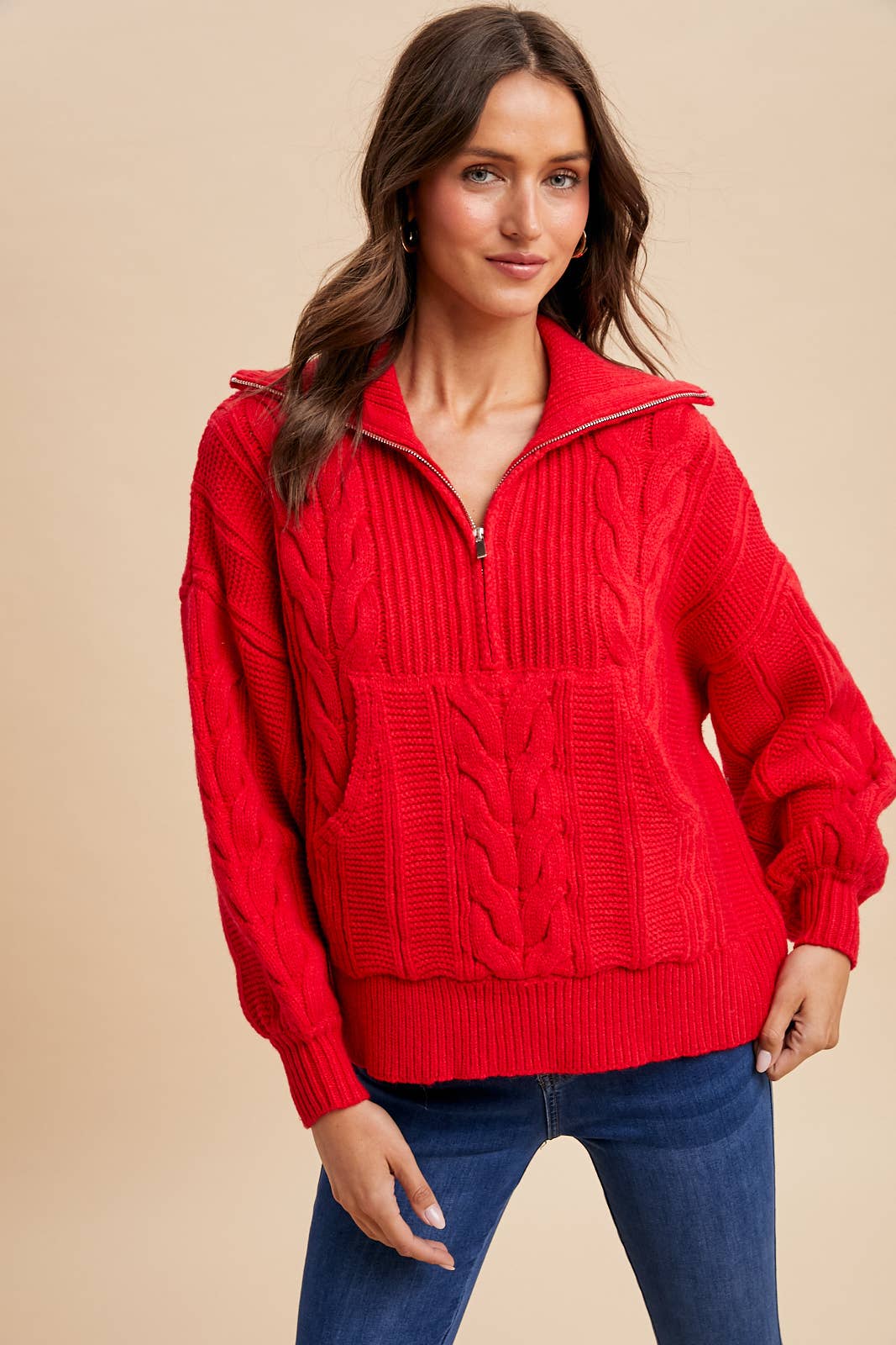 CHUNKY CABLE KNIT HALF ZIP SWEATER