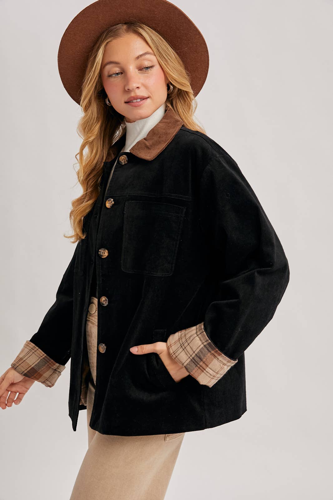 CORDUROY BUTTON DOWN BARN COAT INNER PLAID