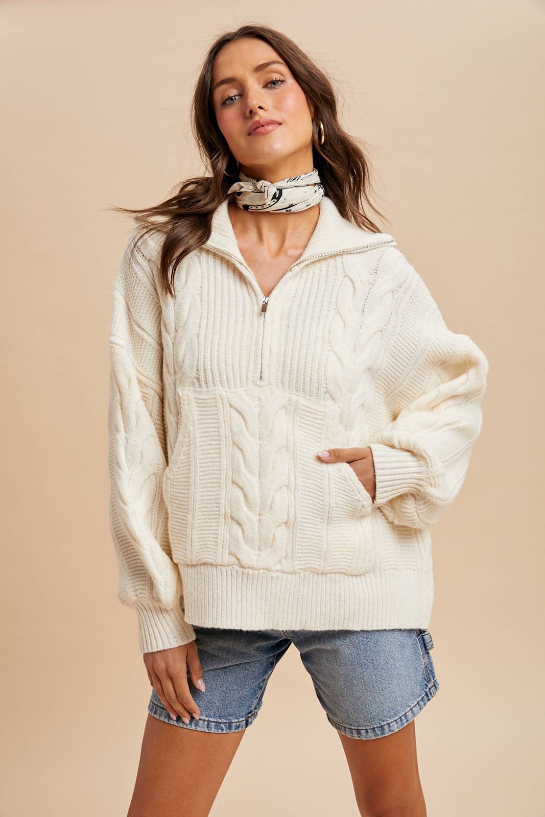 CHUNKY CABLE KNIT HALF ZIP SWEATER