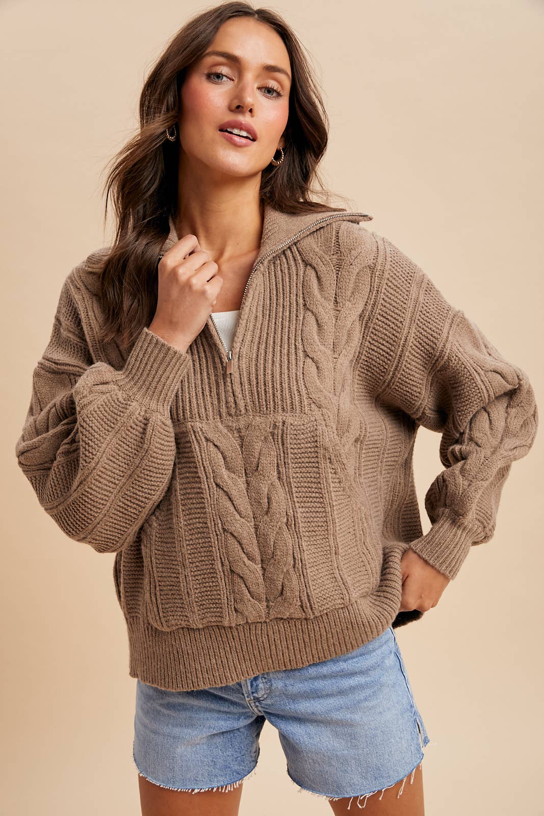 CHUNKY CABLE KNIT HALF ZIP SWEATER