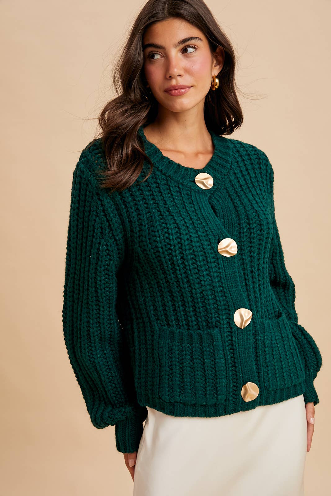 CHUNKY STATEMENT BUTTON CABLE KNIT CARDIGAN