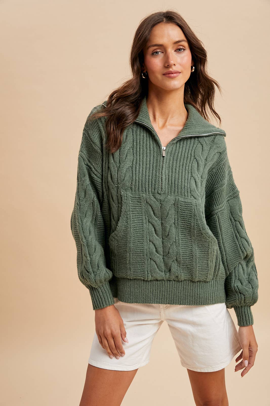 CHUNKY CABLE KNIT HALF ZIP SWEATER
