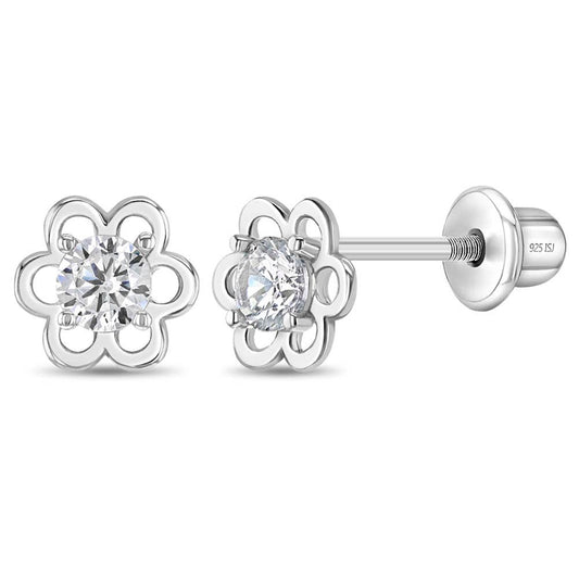 Solitaire Flower Clear Kids Earrings - Sterling Silver
