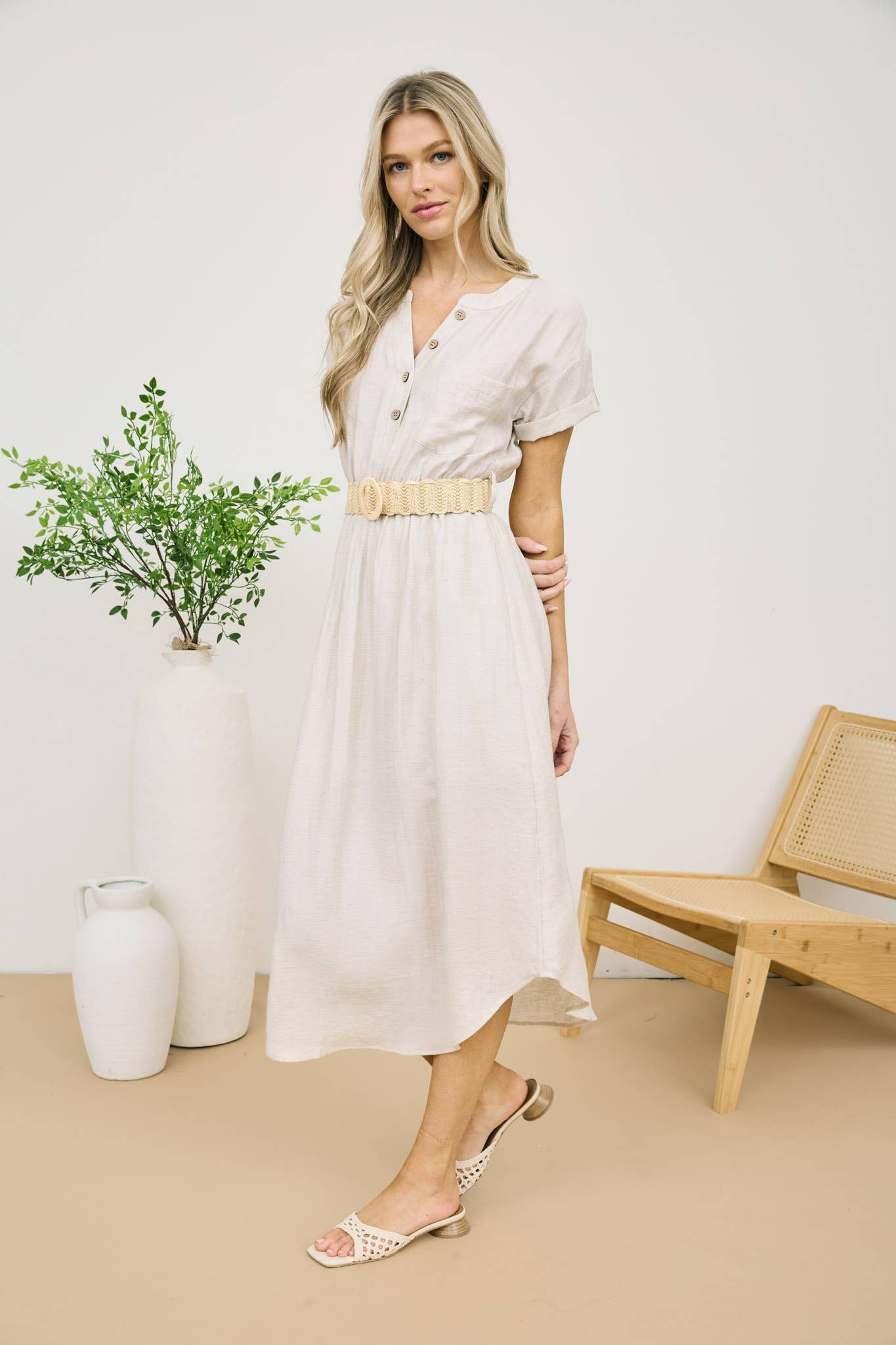 Short Sleeve Belted Midi Shirt Dress