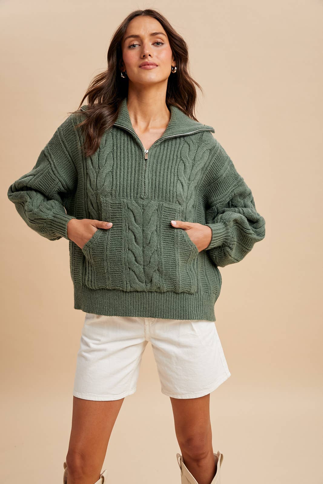 CHUNKY CABLE KNIT HALF ZIP SWEATER