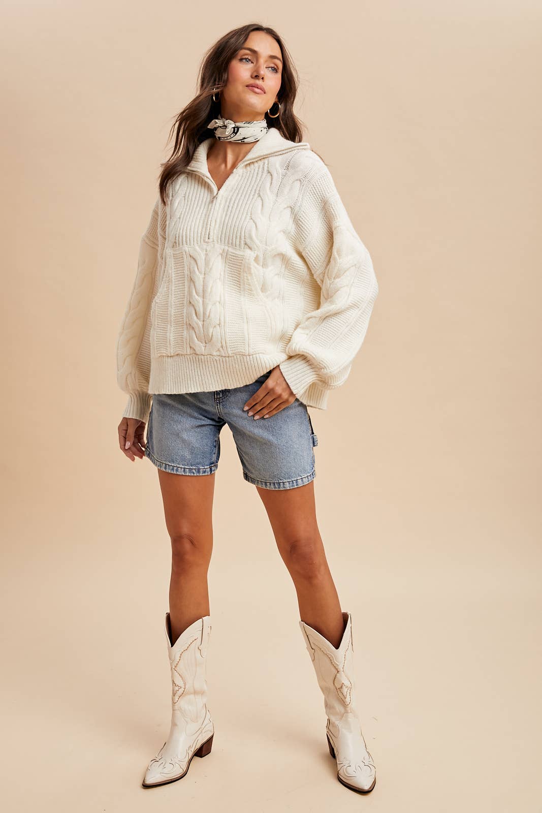 CHUNKY CABLE KNIT HALF ZIP SWEATER